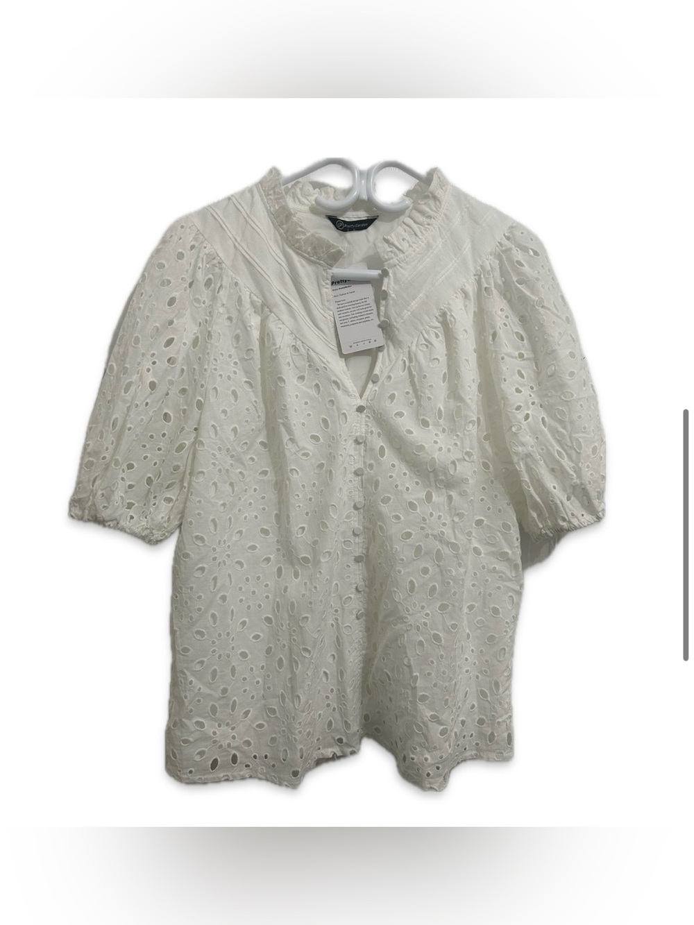 White Eyelet Puff Sleeve Blouse with Ruffle Collar - Unknown Brand
